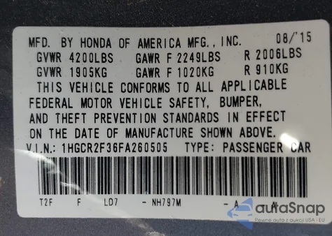 2015 Honda Accord Lx z USA, uszkodzony, nr VIN 1HGCR2F36FA260505